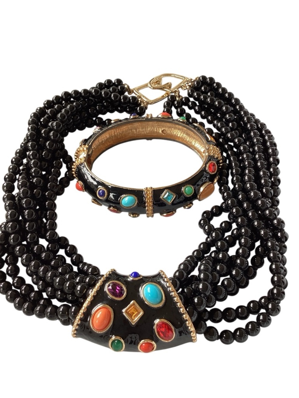 Vintage KJL Black Glass Beaded Enamel Necklace - Picture 4 of 4
